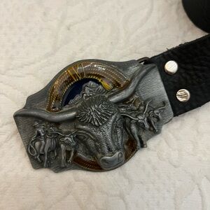 Vintage black leather belt cattle cow longhorn buckle